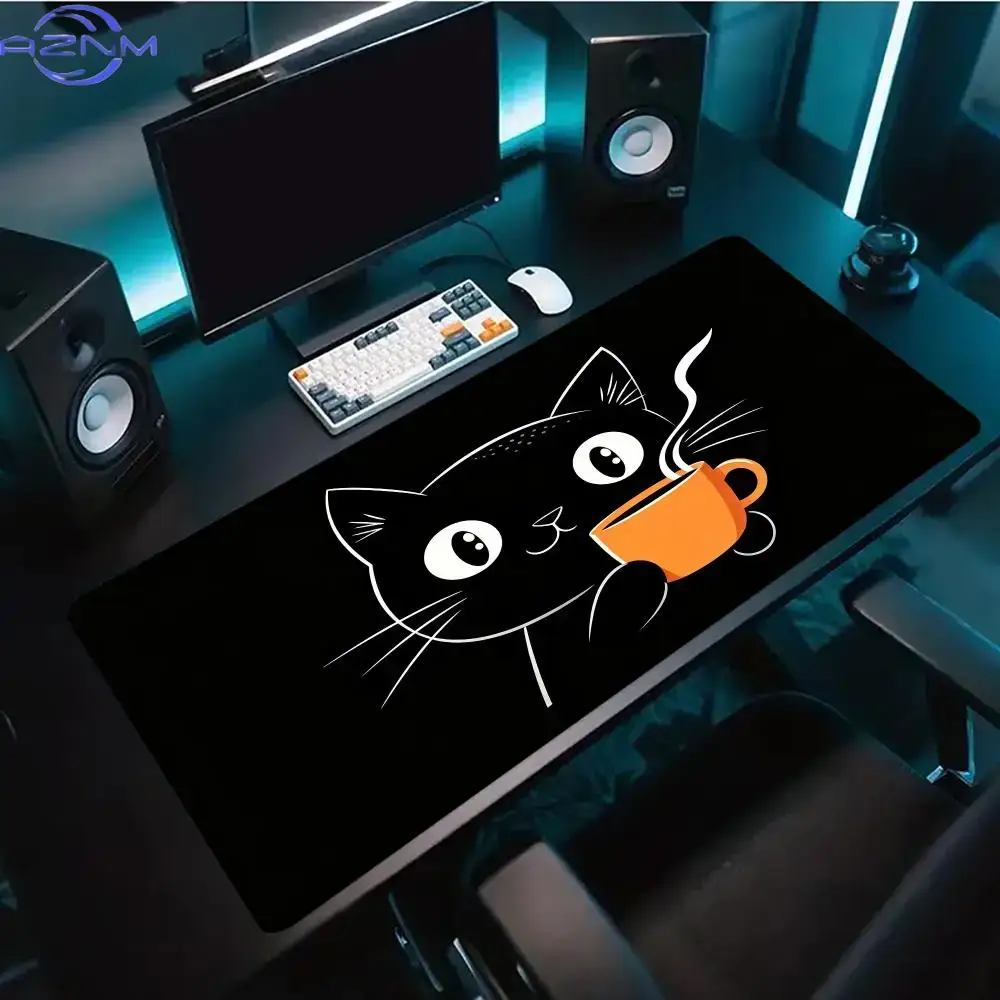 Desk Setup Pc And Laptop - Niedliches Line-Art-Katzen-Mauspad mit Kaffeetasse, großes Gaming-Mauspad,
