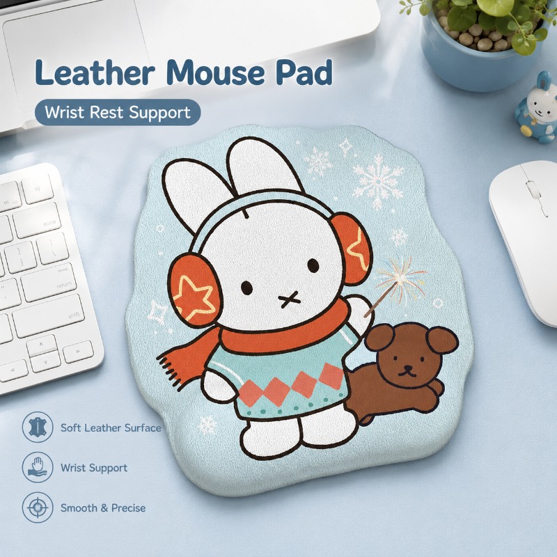 Desk Setup With Tv - Anime Miffy Leder-Mauspad mit Handgelenkauflage, Kleine