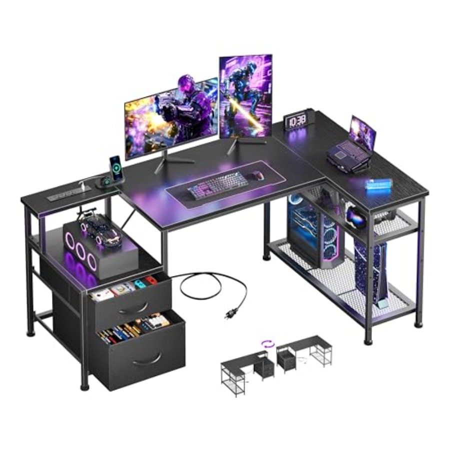 Desk Setup L Shaped - 49 Zoll L-förmiger Gaming-Schreibtisch mit Steckdosen,
